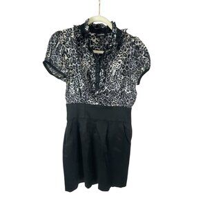 Bebe Women's Black Leopard Print Mini Dress Ruffle Collar Artsy Retro Whimsygoth